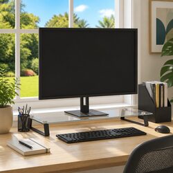 Monitor Stand Black Tempered Glass Metal Computer Desk Riser Organiser Storage