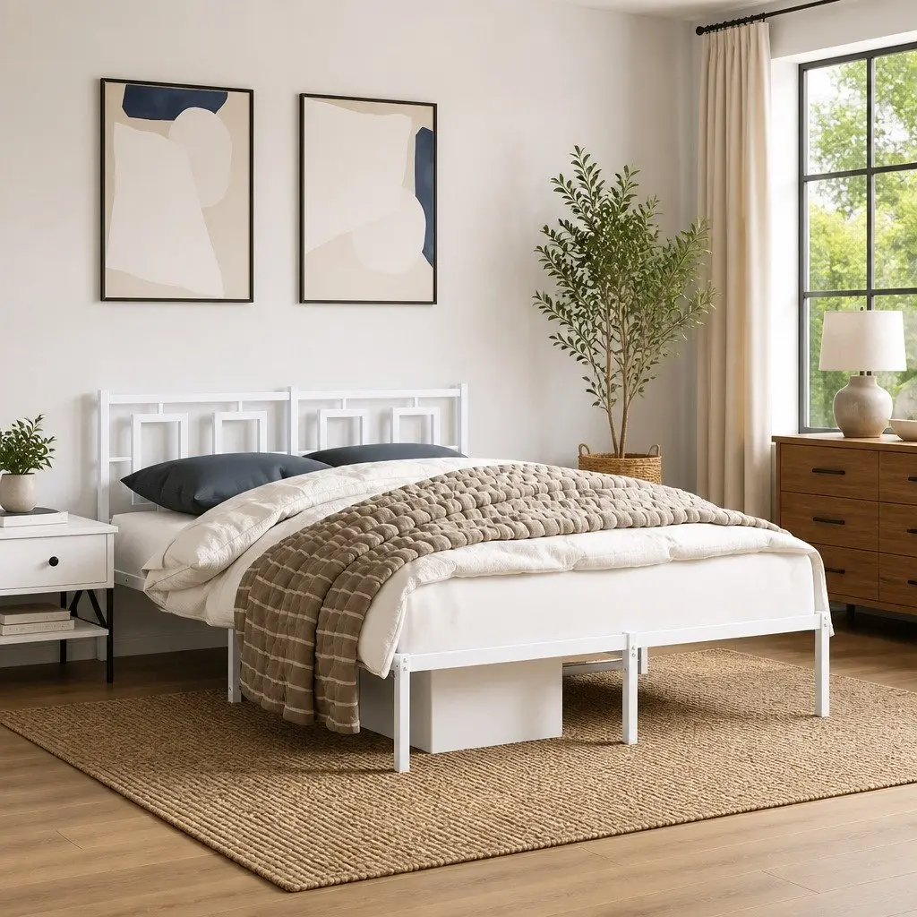 Metal Bed Frame 135x190 cm with Headboard White Bedroom Furniture Slatted Base
