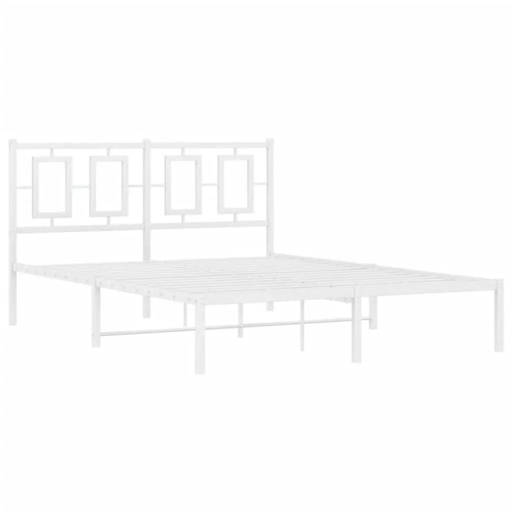 Metal Bed Frame 135x190 cm with Headboard White Bedroom Furniture Slatted Base