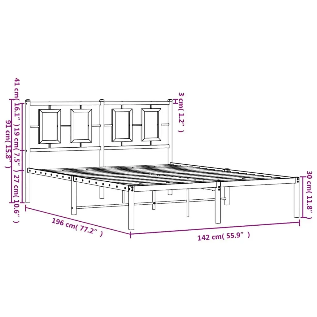 Metal Bed Frame 135x190 cm with Headboard White Bedroom Furniture Slatted Base