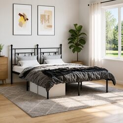 Metal Bed Frame 135x190cm with Headboard Black Steel Slatted Base Bedroom