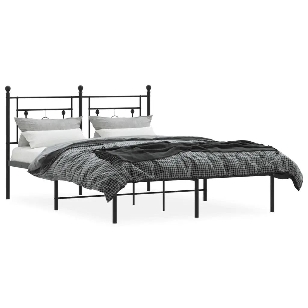 Black Metal Bed Frame 135x190cm with Slatted Base and Headboard