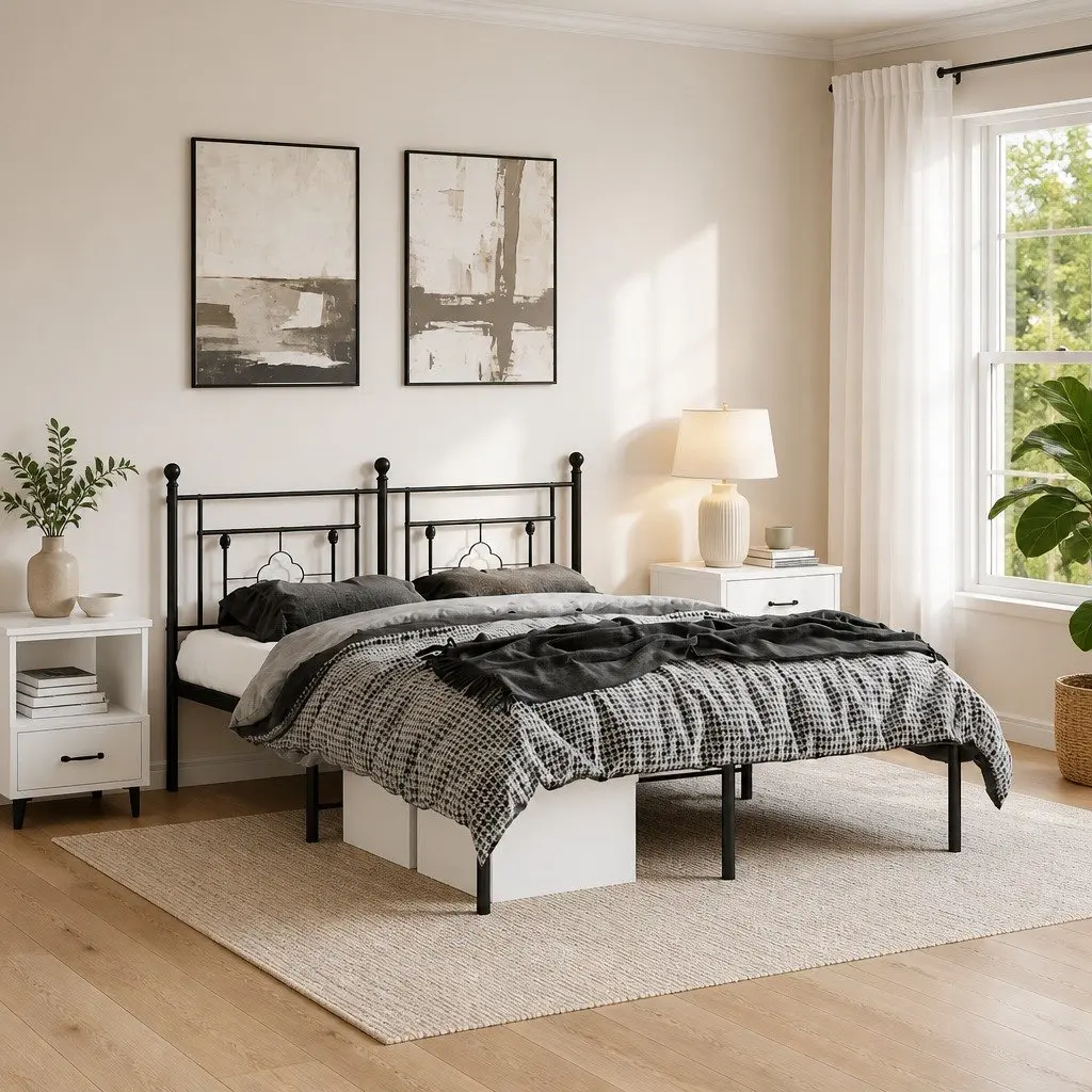 Metal Bed Frame with Headboard Black 150x200 cm Steel