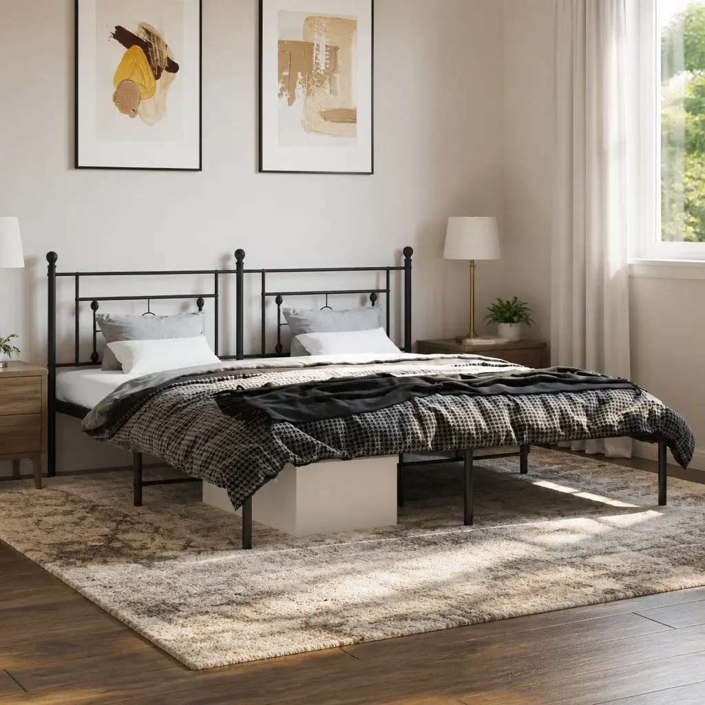 Metal Bed Frame King Size 183x203 cm Black Headboard Steel Slats Support