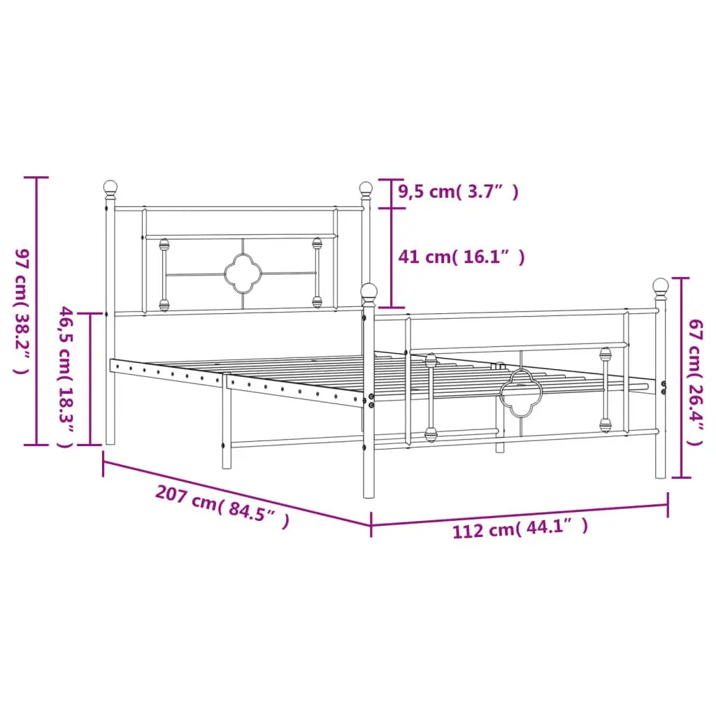 Metal Bed Frame King Single Powder-Coated Steel with Headboard Footboard Storage Space 107x203 cm Black