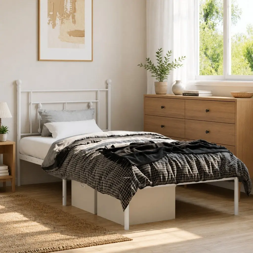 White Metal Bed Frame with Headboard 90x190 cm