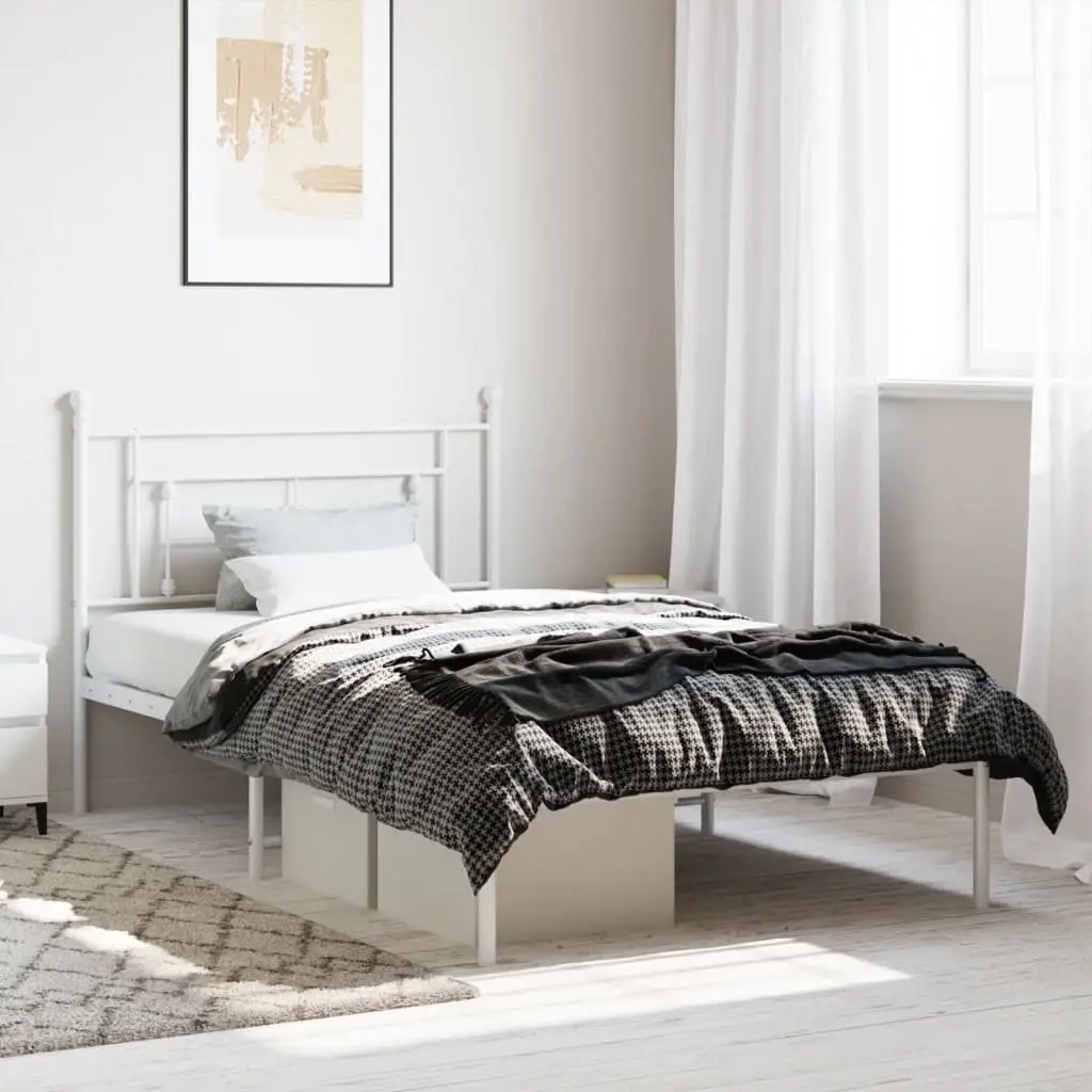 Metal Bed Frame King Single 107x203cm White Headboard Steel Bedroom Furniture