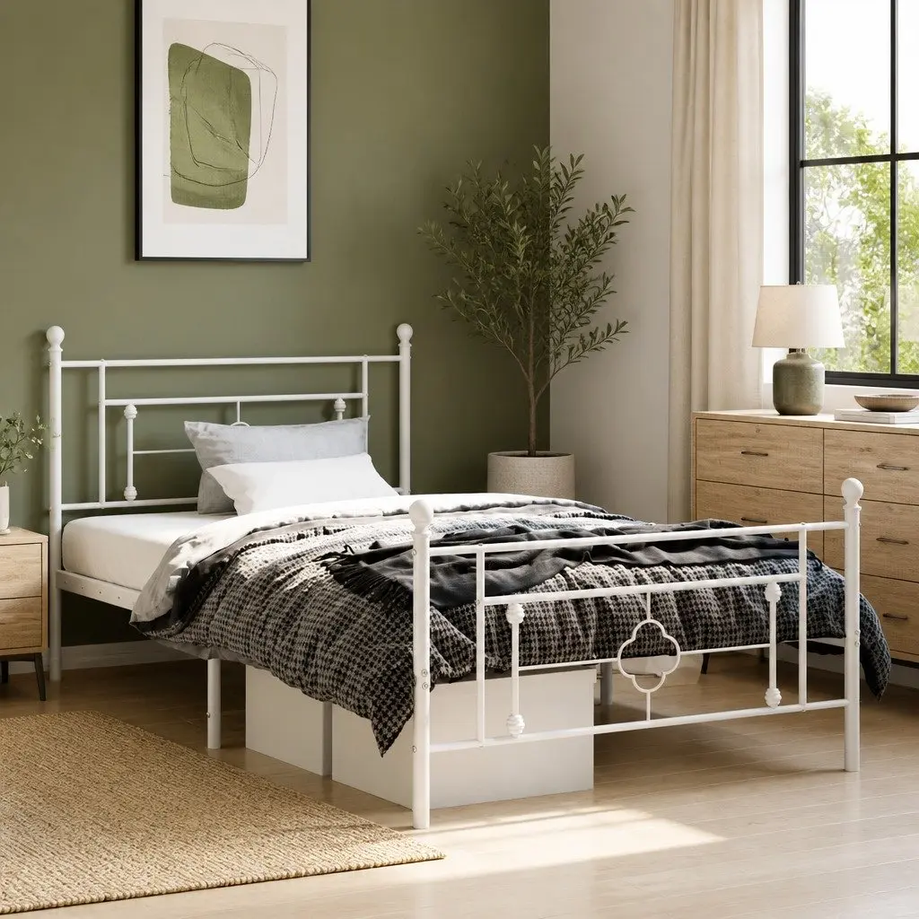 Metal Bed Frame King Size White Powder-Coated Steel 107x203 cm with Headboard Footboard and Underbed Storage