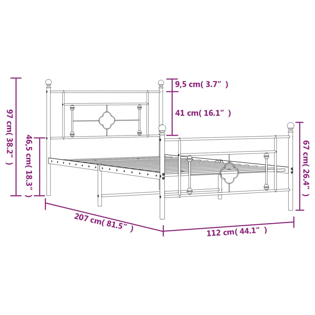 Metal Bed Frame King Size White Powder-Coated Steel 107x203 cm with Headboard Footboard and Underbed Storage