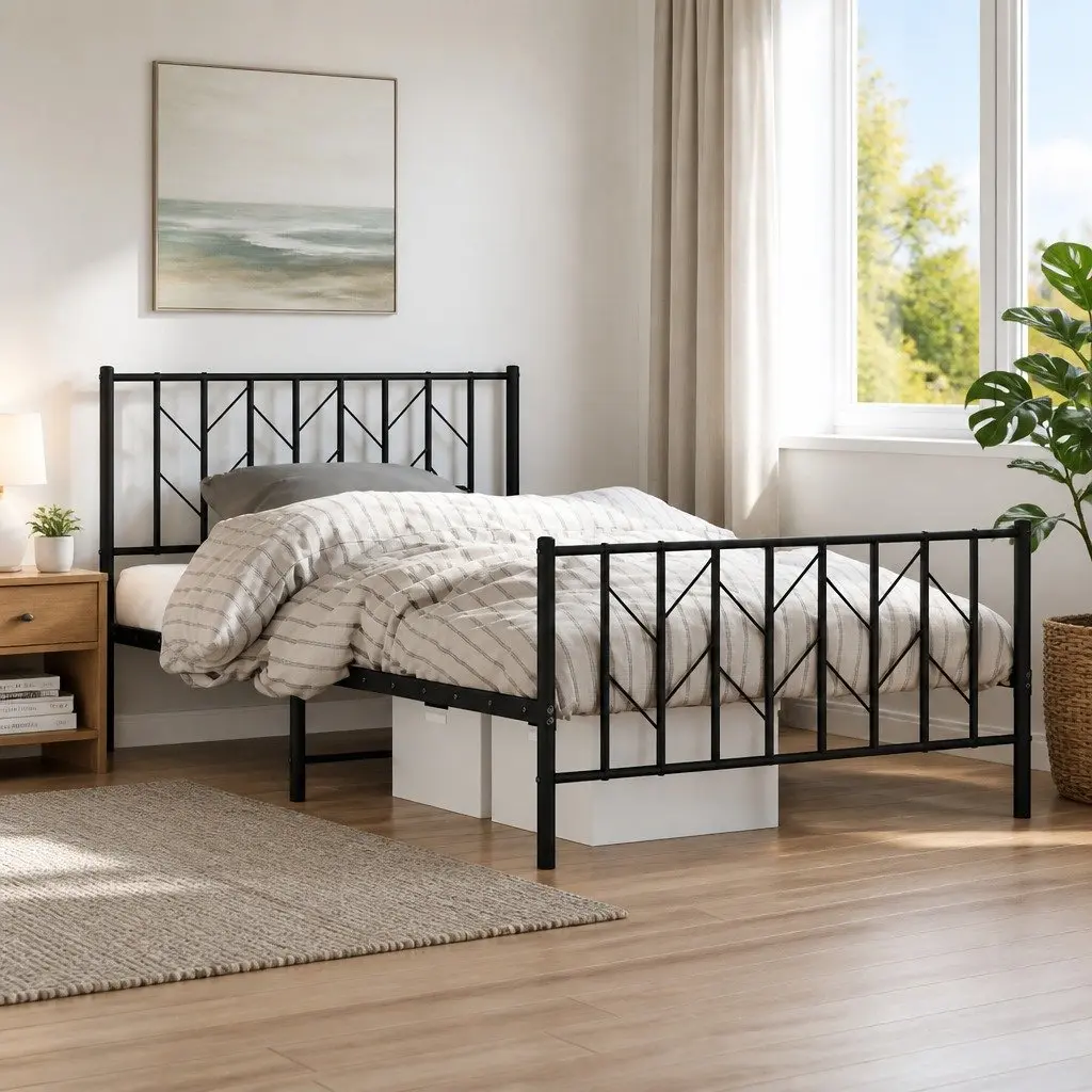 Metal Bed Frame King Single Powder-coated Steel 107x203 cm with Headboard Footboard Storage Black