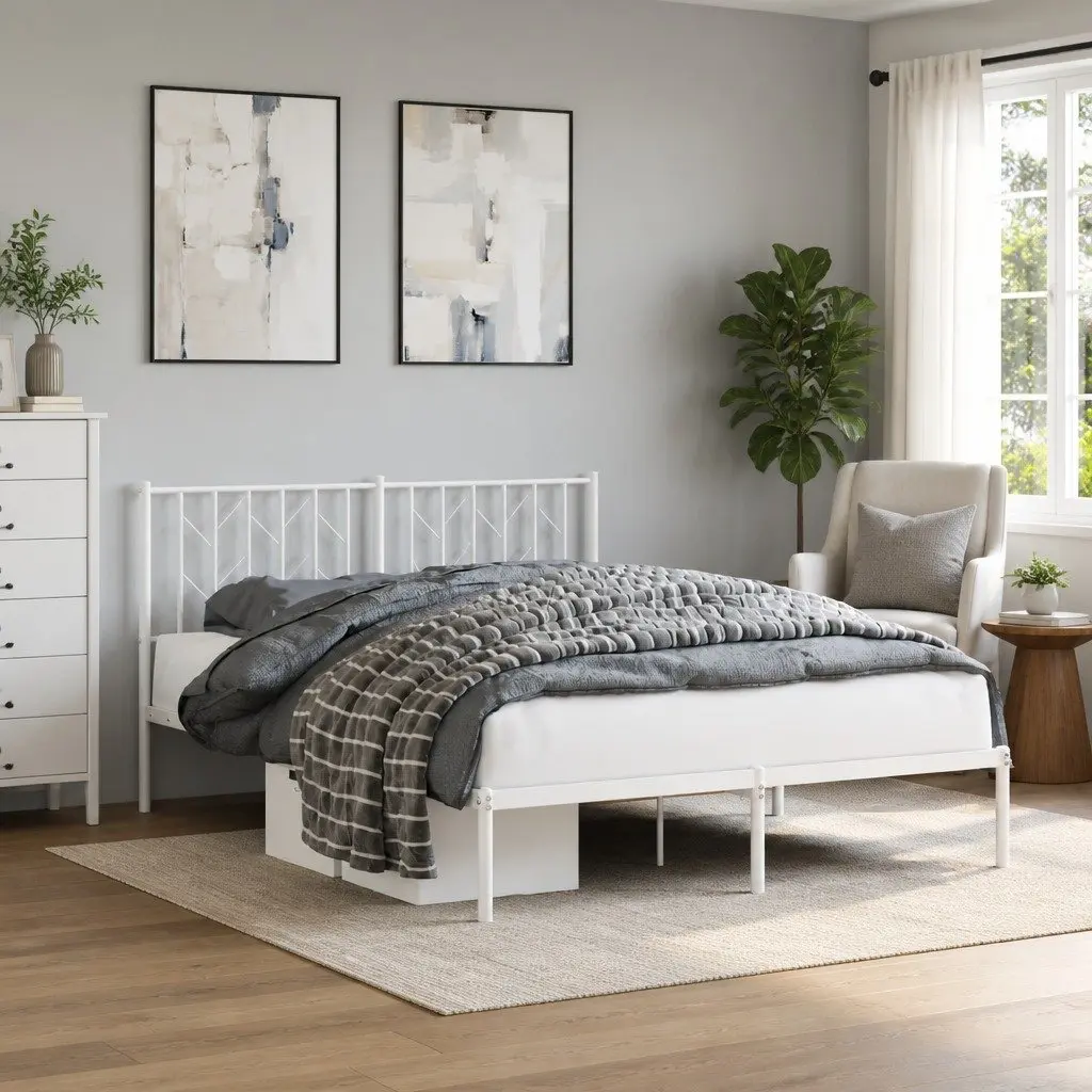 Metal Bed Frame Sturdy Steel Construction 135x190 cm White Slatted Base