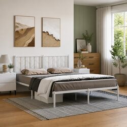 Metal Bed Frame 150x200 cm with Headboard White Bedroom Furniture Slatted Base