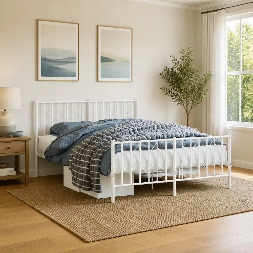 Metal Bed Frame Sturdy Steel Construction 135x190 cm White