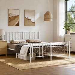Metal Bed Frame White 150x200 cm with Footboard Storage Space Slatted Base