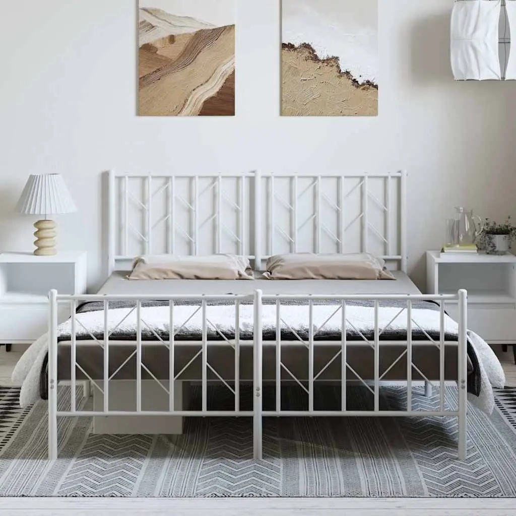 White Metal Bed Frame 150x200cm with Slatted Base and Footboard for Storage