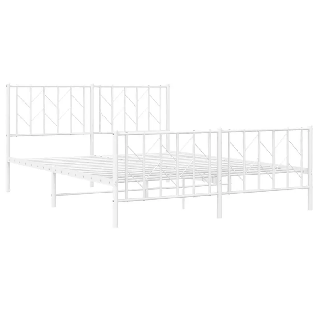 White Metal Bed Frame 150x200cm with Slatted Base and Footboard for Storage