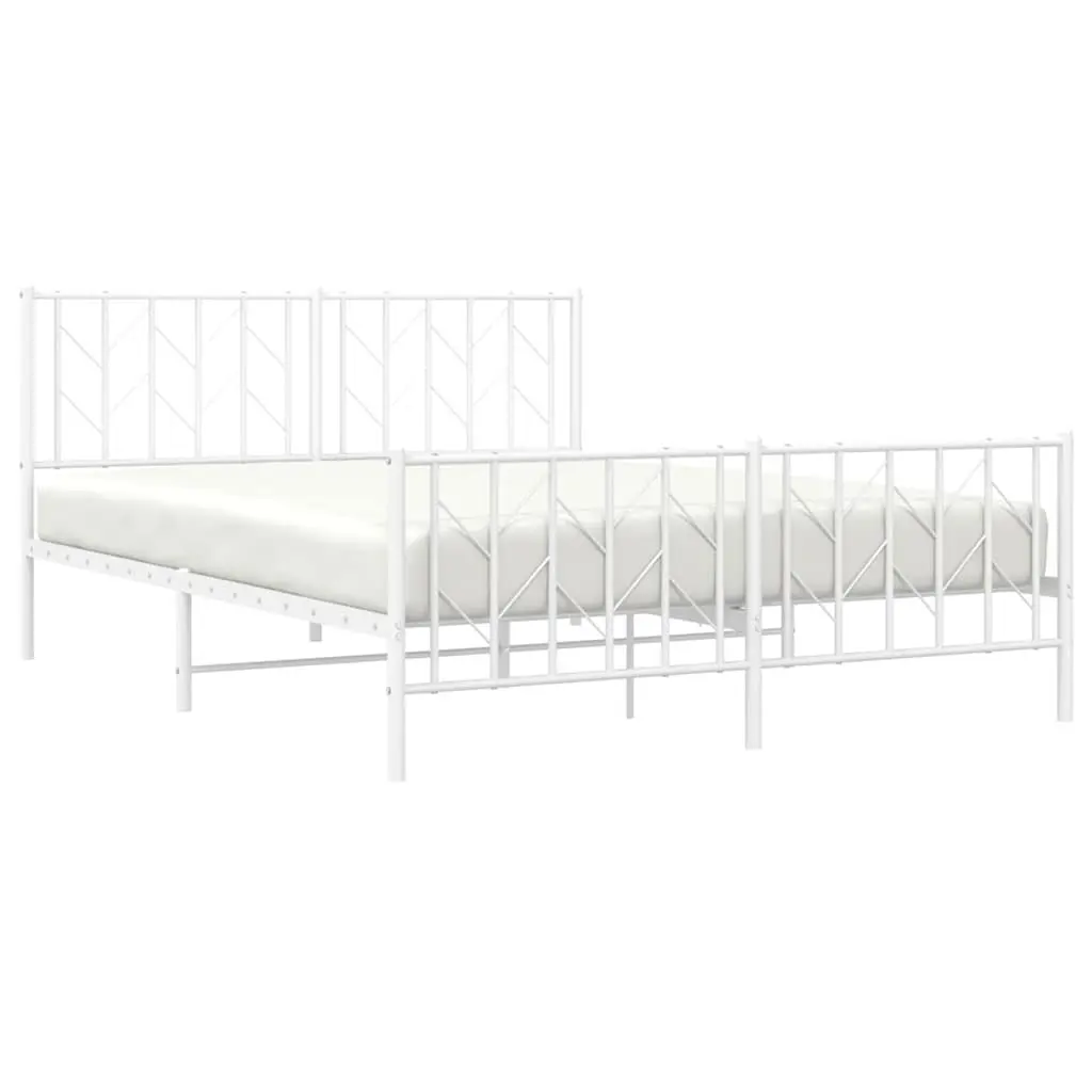 White Metal Bed Frame 150x200cm with Slatted Base and Footboard for Storage