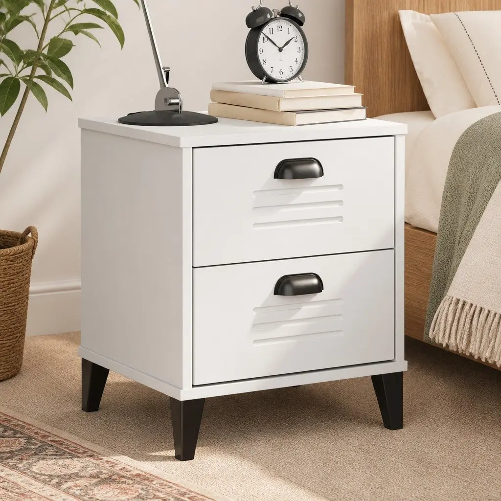 White Engineered Wood Nightstand with Storage for Bedroom or Living Room