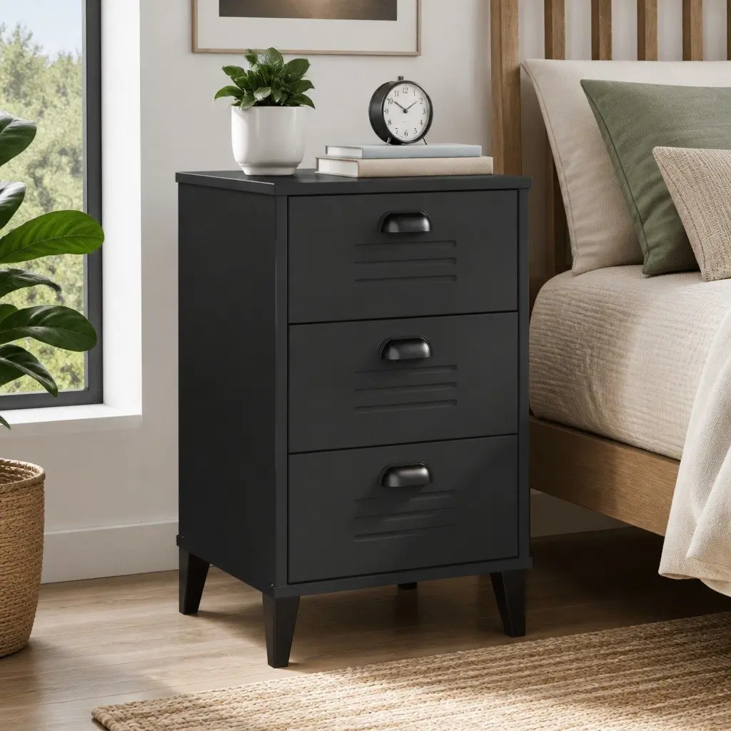 Bedside Cabinet Nightstand Storage End Table Black Engineered Wood Bedroom