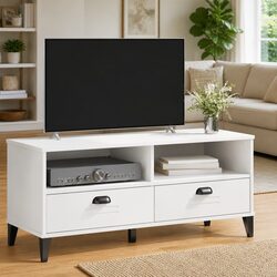 TV Cabinet White Engineered Wood Media Storage Unit with Handles and Cable