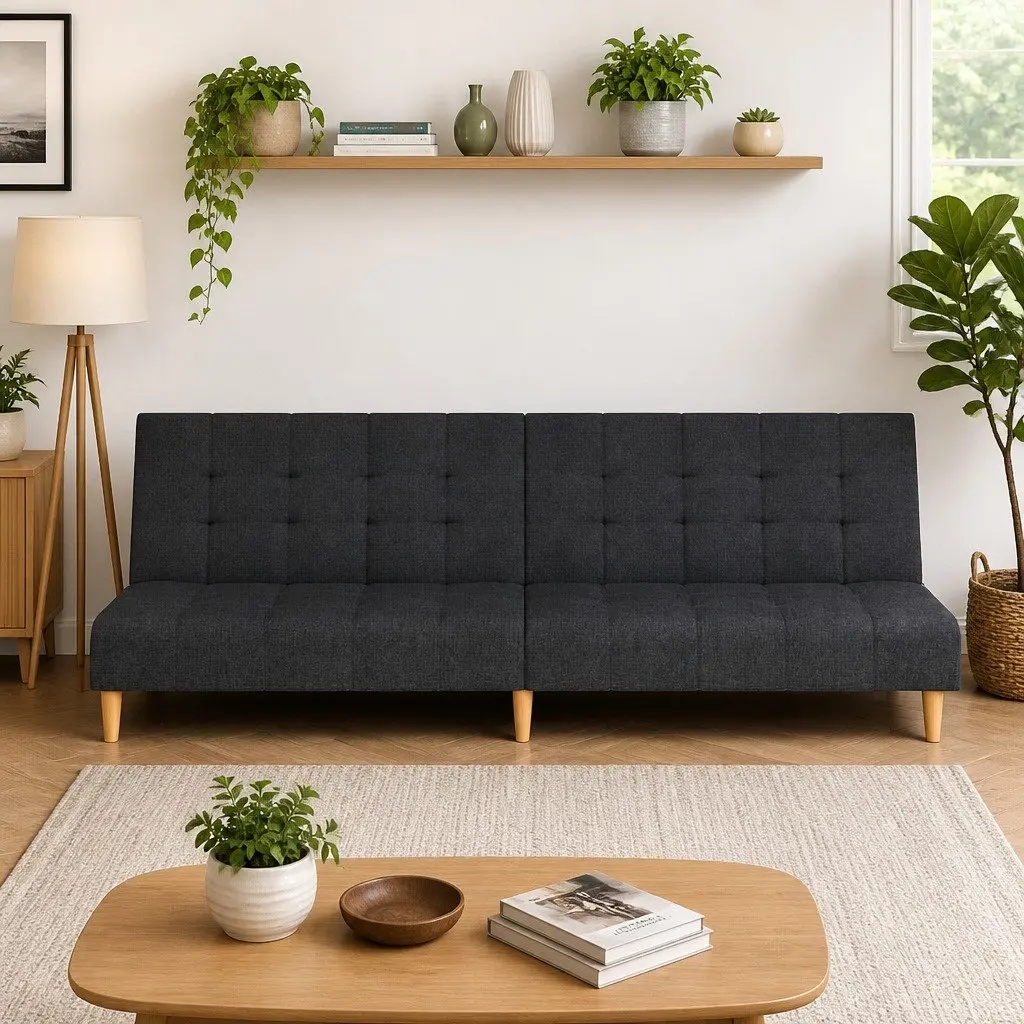 2-Seater Sofa Bed Grey Fabric Convertible Day Bed