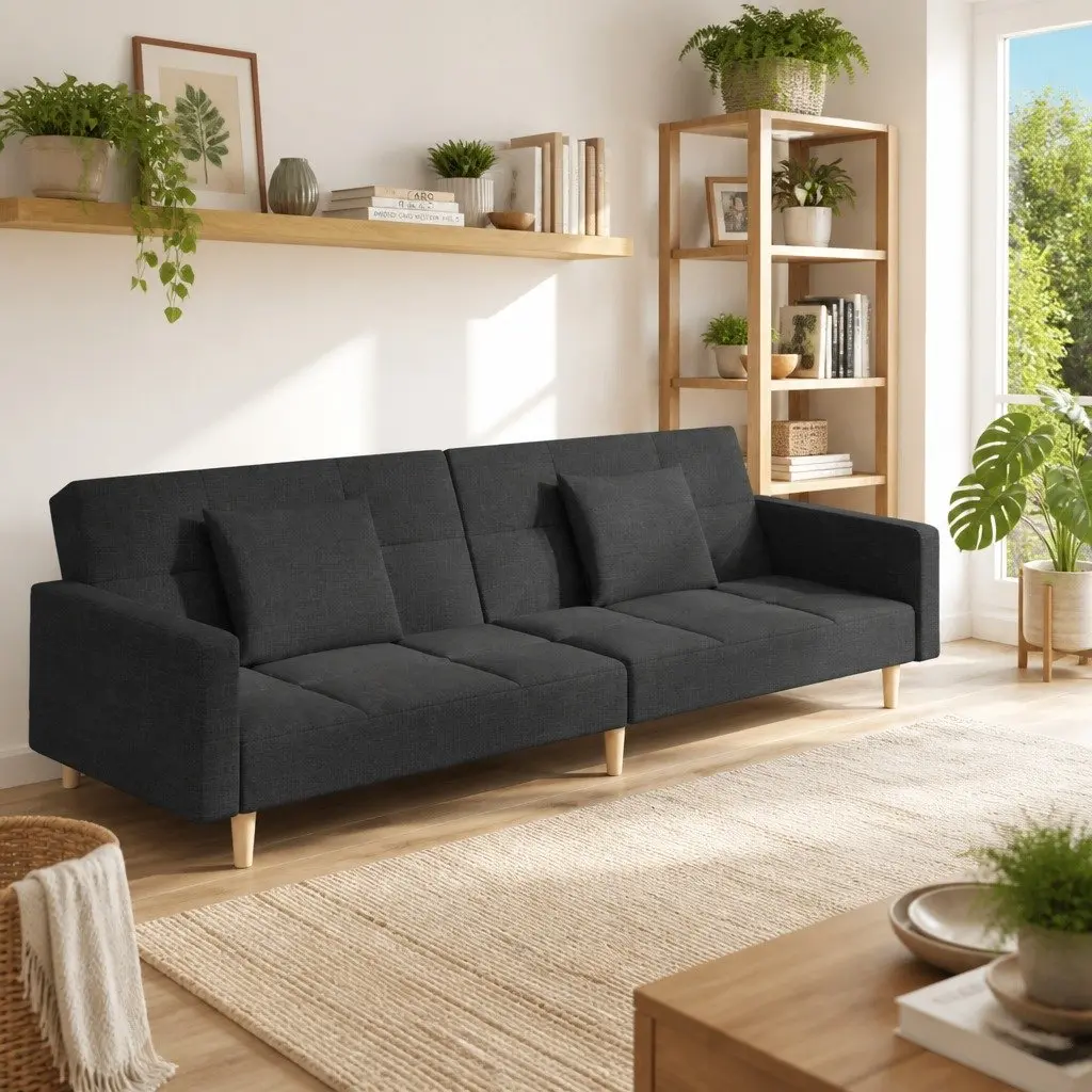 Convertible Sofa Bed Grey Fabric 2-Seater with Adjustable Backrests and Pillows