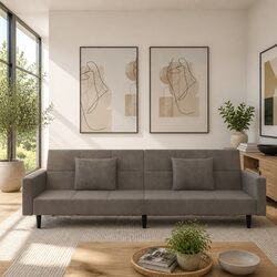 2-Seater Sofa Bed Grey Velvet Convertible Day Bed with Pillows Guest Bedroom