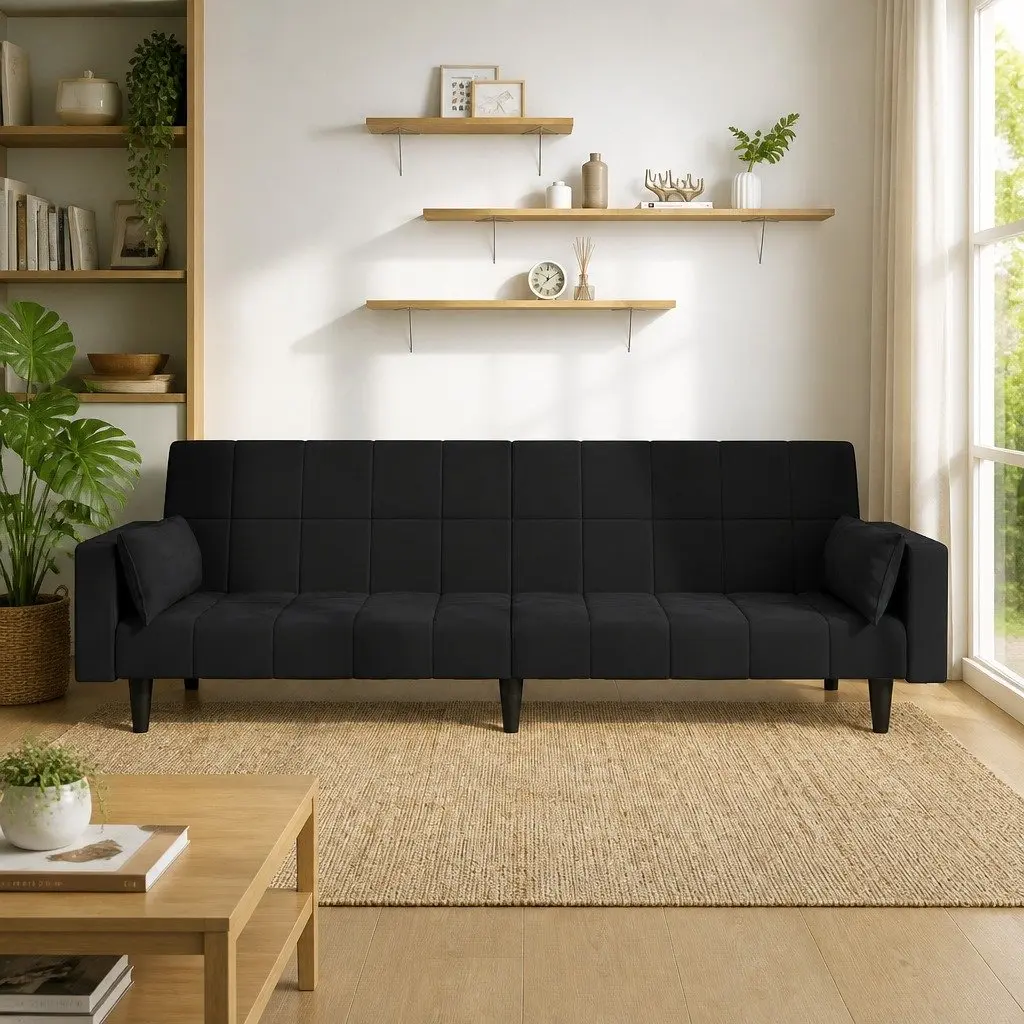 2-Seater Sofa Bed Black Velvet Convertible Couch