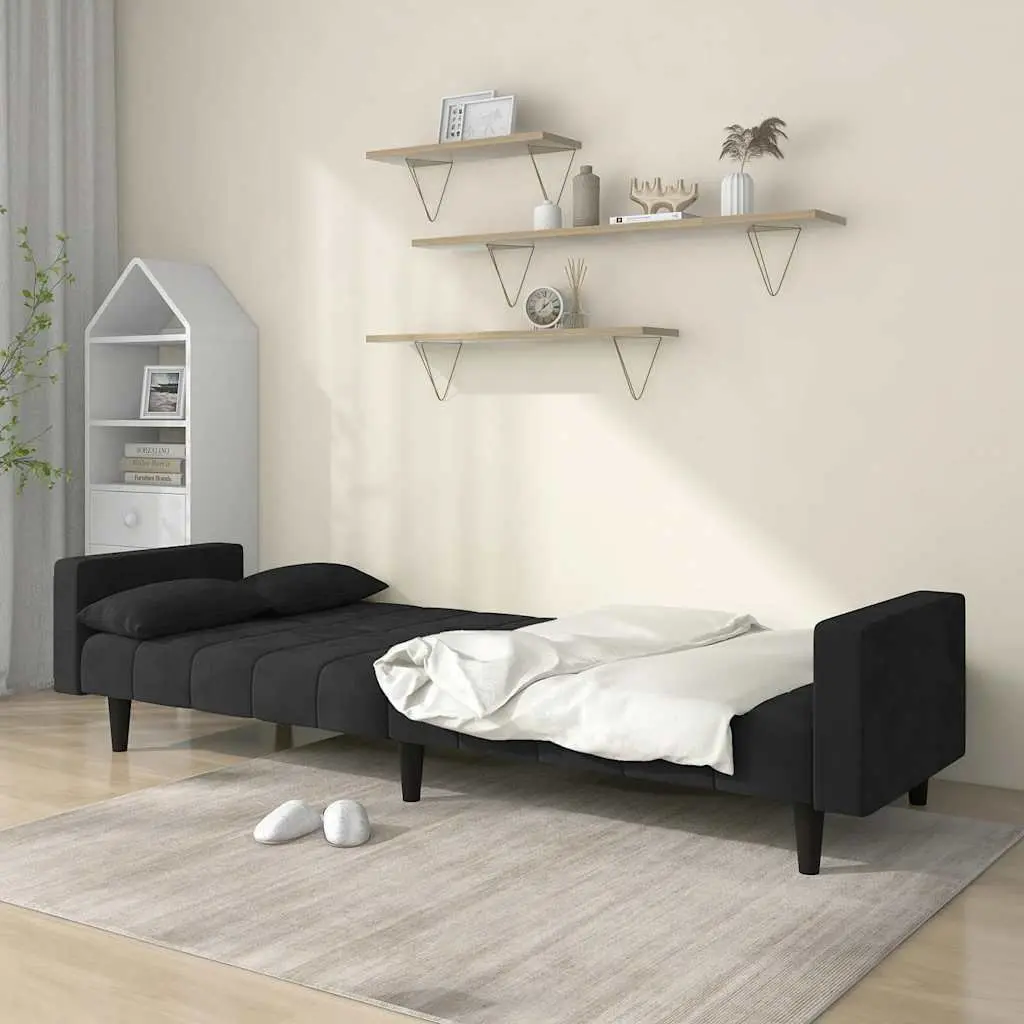 2-Seater Sofa Bed Black Velvet Convertible Couch