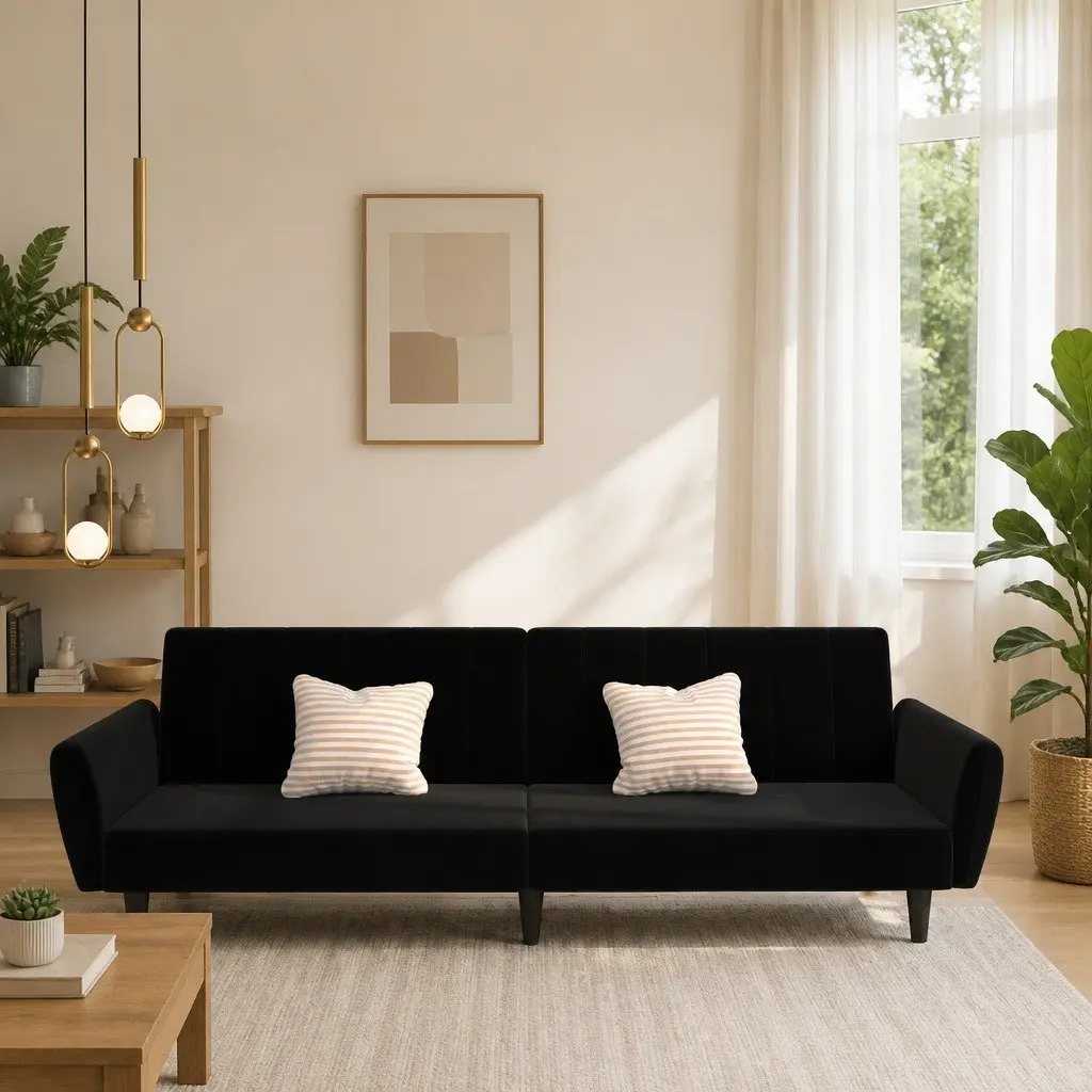 Sofa Bed Convertible Black Velvet 2-Seater
