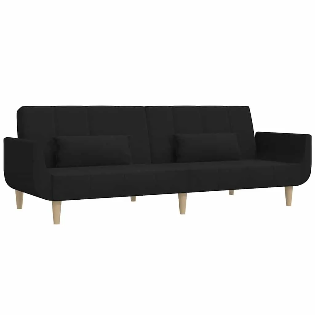 2-Seater Sofa Bed Black Fabric Guest Sleeper Convertible Day Bed with Pillows