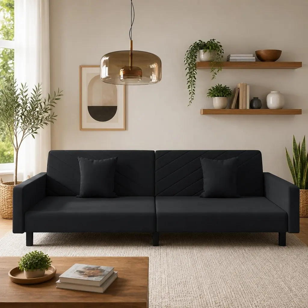 Convertible Black Velvet Sofa Bed 2-Seater Twin Size with Two Pillows