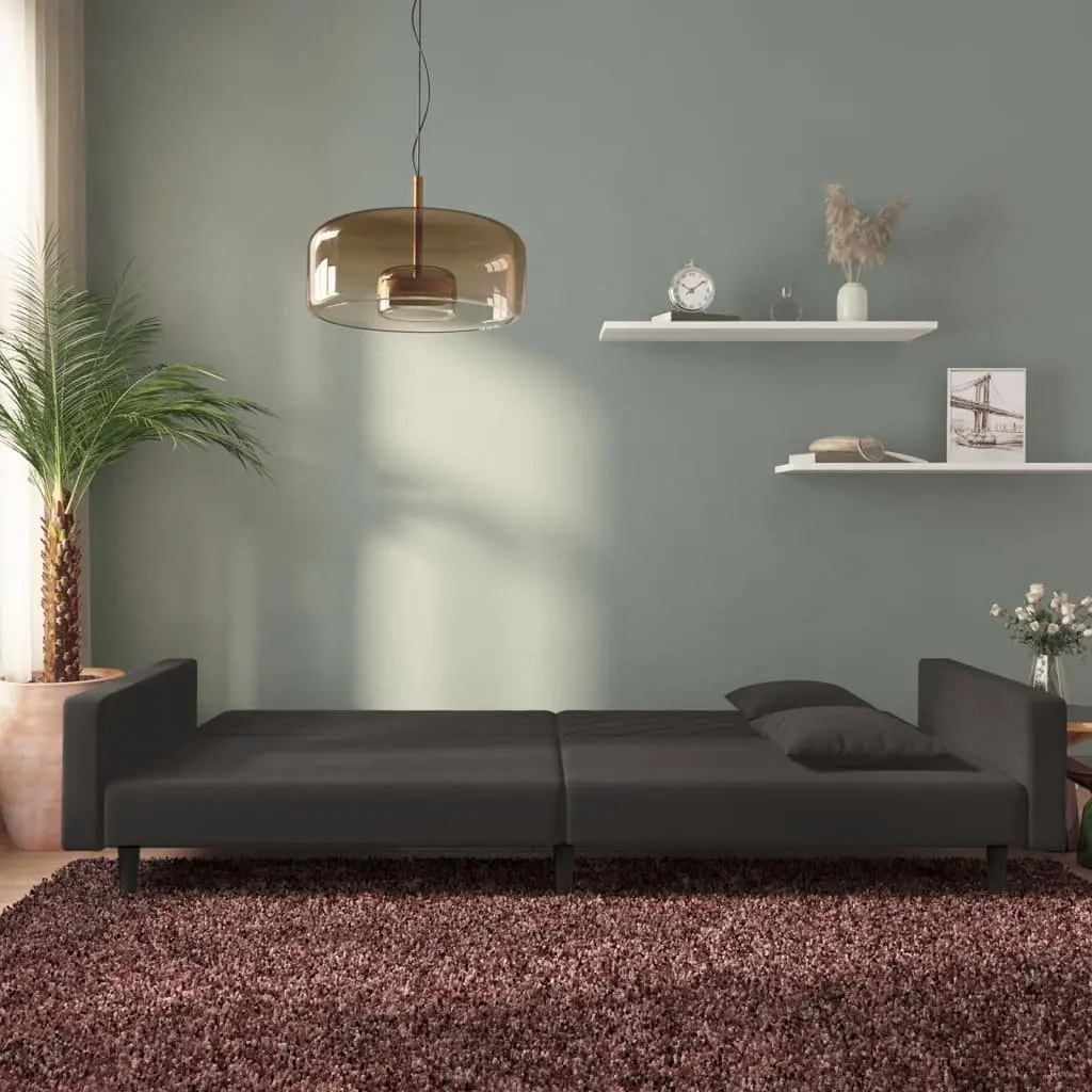 Convertible Black Velvet Sofa Bed 2-Seater Twin Size with Two Pillows