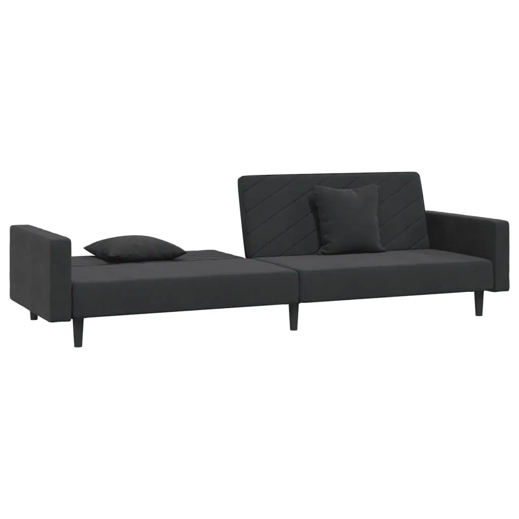 Convertible Black Velvet Sofa Bed 2-Seater Twin Size with Two Pillows