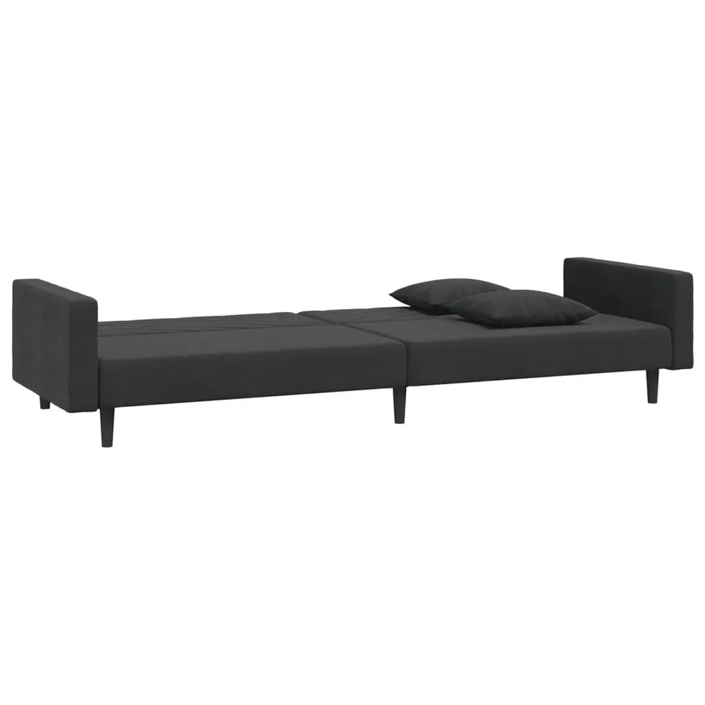 Convertible Black Velvet Sofa Bed 2-Seater Twin Size with Two Pillows