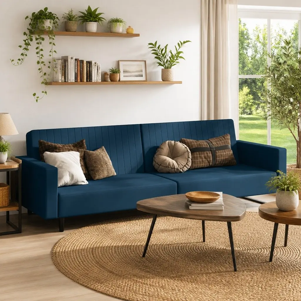 2-Seater Sofa Bed Convertible Blue Velvet Sleeper Couch