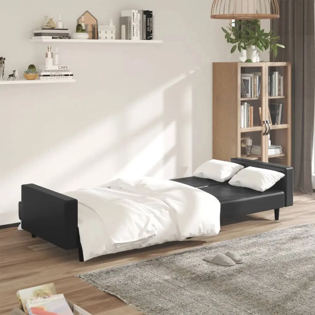 Sofa Bed Convertible Black Faux Leather 2-Seater