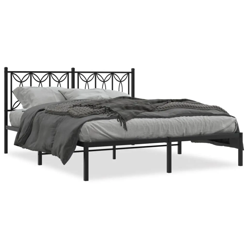 Metal Bed Frame 150x200 cm Black Headboard Steel Slats Centre Legs Storage