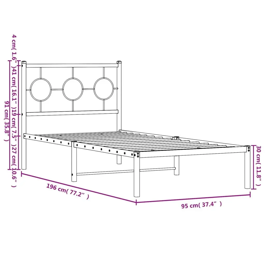 Black Metal Bed Frame 90x190cm with Headboard and Under Bed Storage Space