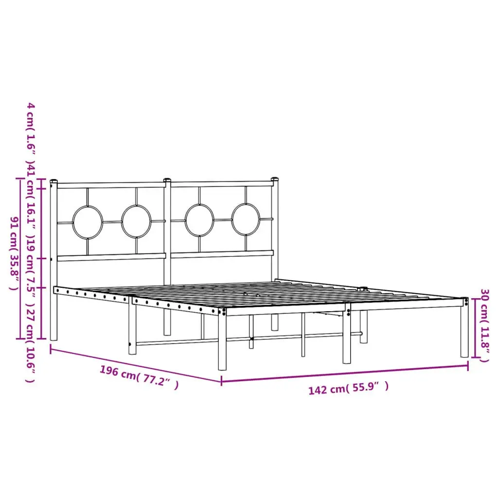 Metal Bed Frame with Headboard Slatted Base 135x190 cm Black