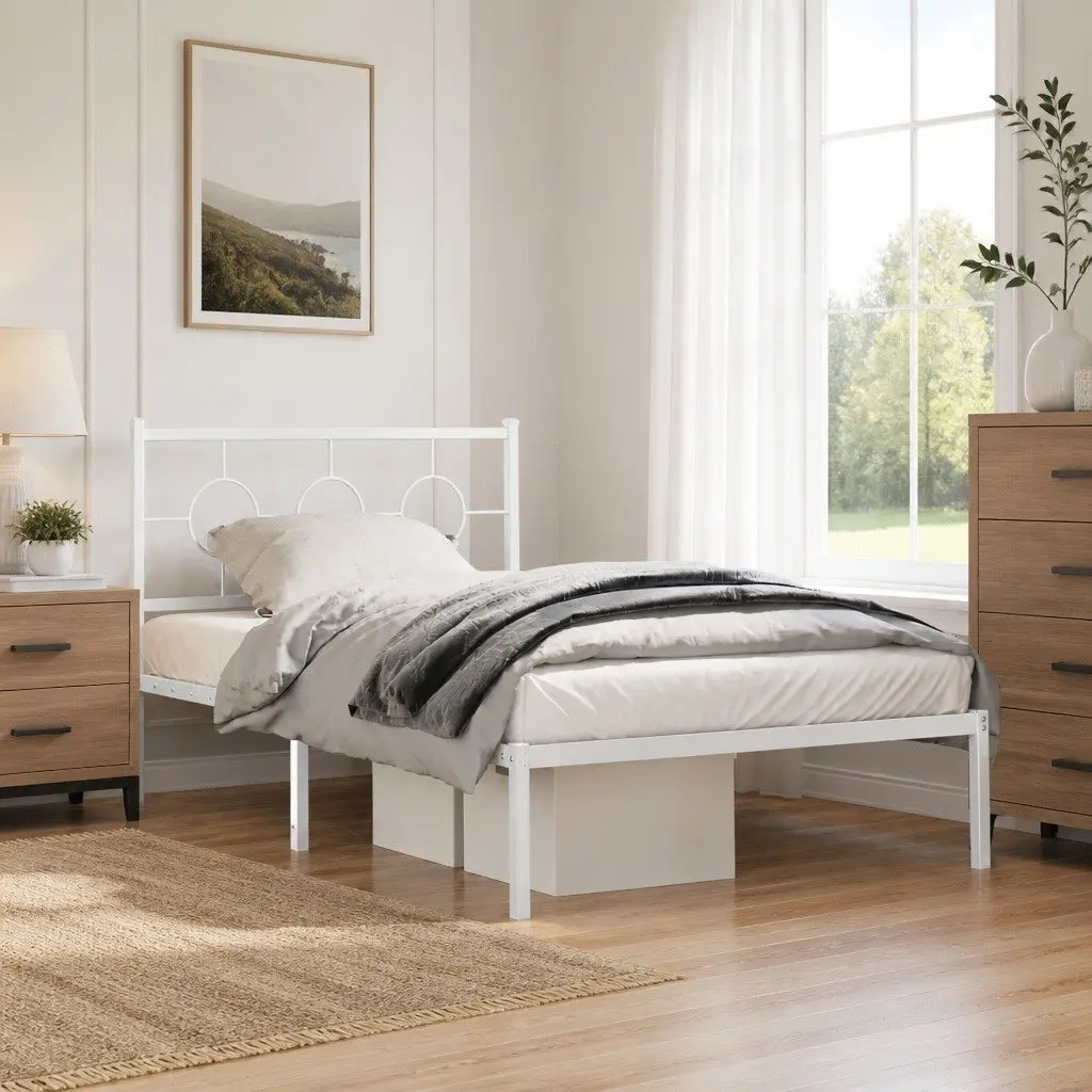Metal Bed Frame King Single White 107x203cm Headboard Slatted Base Storage
