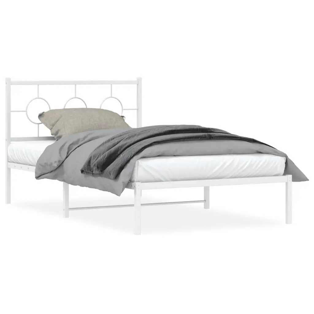 Metal Bed Frame King Single White 107x203cm Headboard Slatted Base Storage