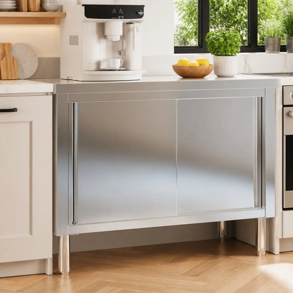 Commercial Kitchen Work Table Stainless Steel Sliding Doors Storage Shelf