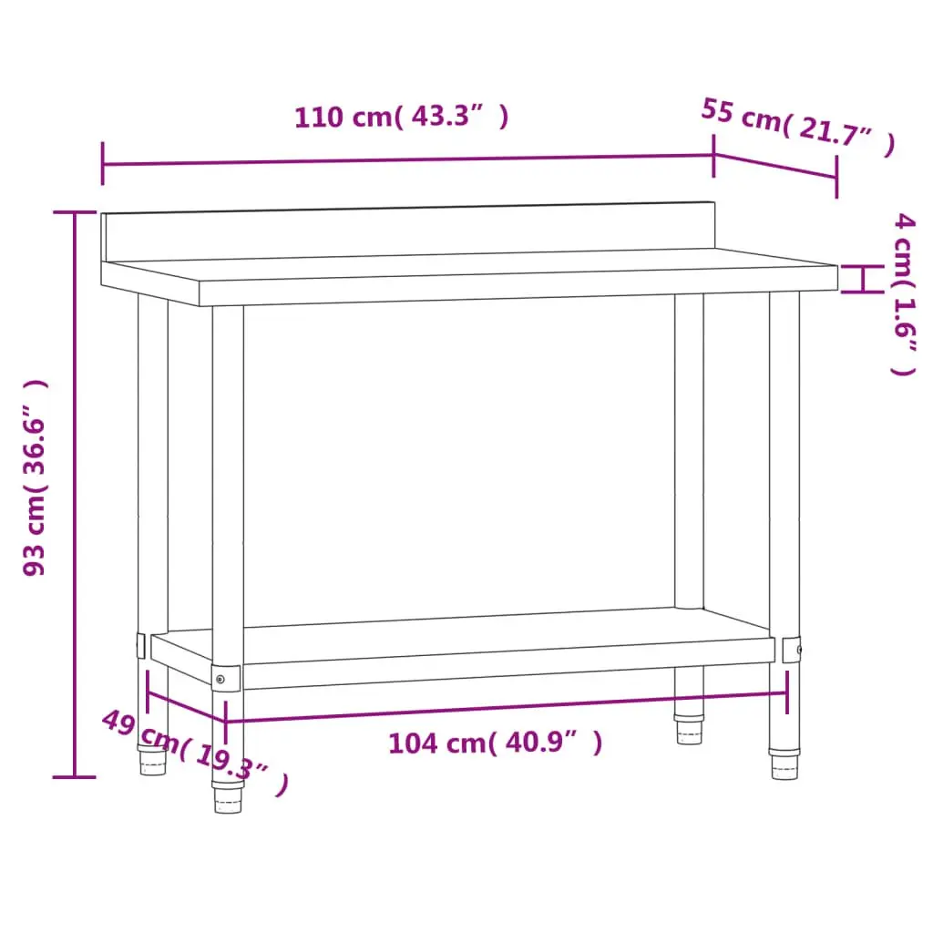 Stainless Steel Kitchen Work Table Prep Station with Backsplash 110x55x93cm