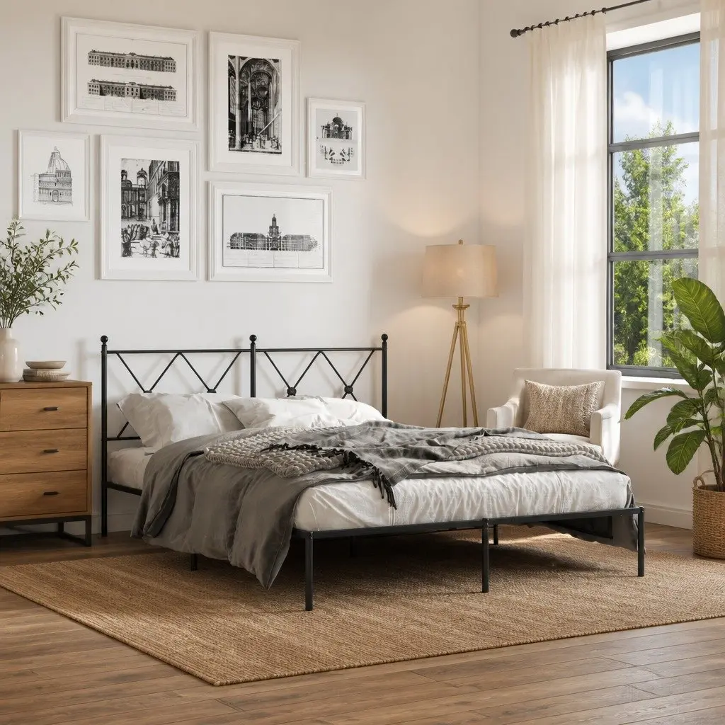 Metal Bed Frame Black with Headboard 135x190 cm