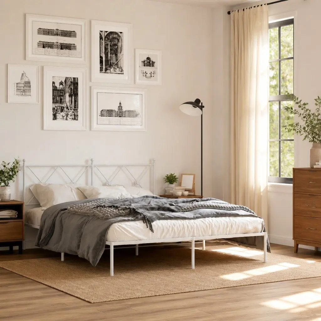 White Metal Bed Frame 150x200 cm with Headboard and Slatted Base for Bedroom Furniture