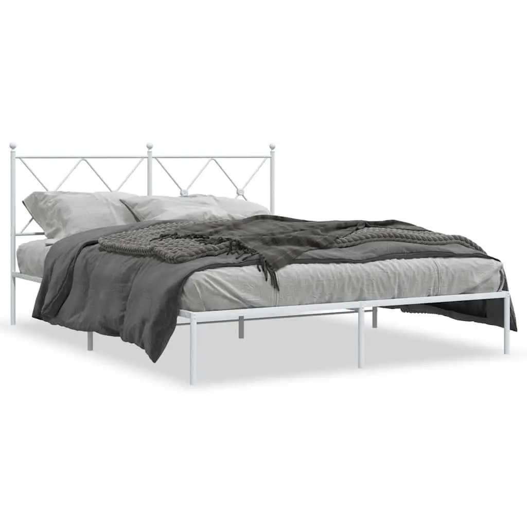 White Metal Bed Frame 150x200 cm with Headboard and Slatted Base for Bedroom Furniture