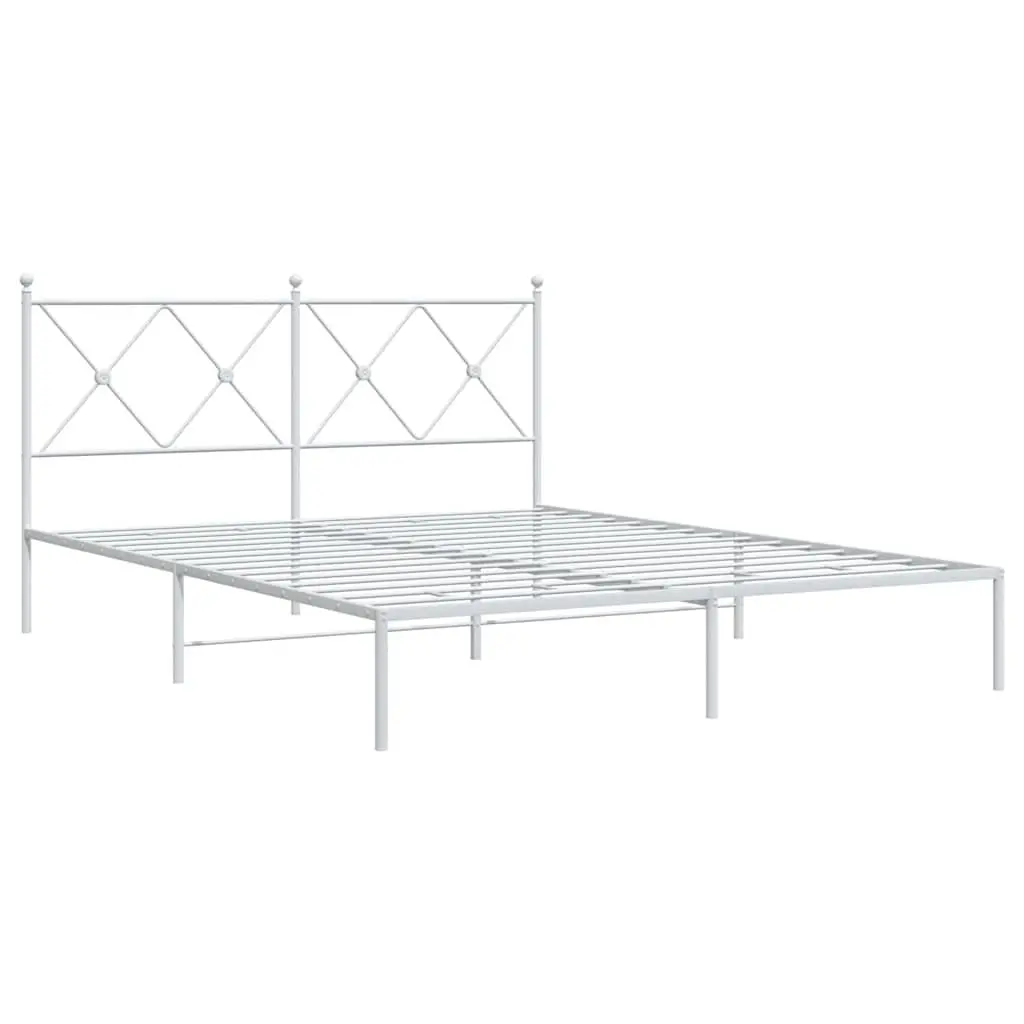 White Metal Bed Frame 150x200 cm with Headboard and Slatted Base for Bedroom Furniture