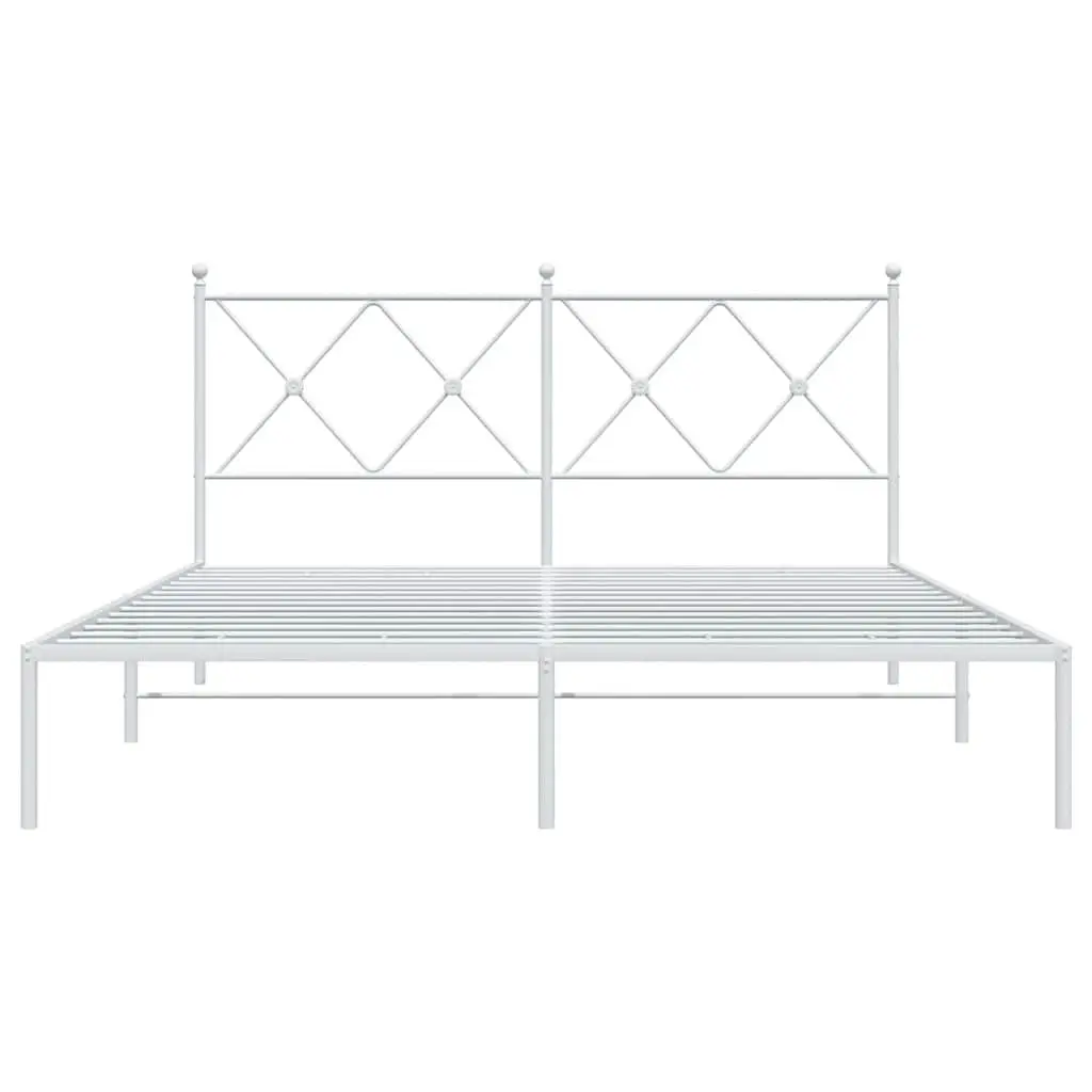 White Metal Bed Frame 150x200 cm with Headboard and Slatted Base for Bedroom Furniture