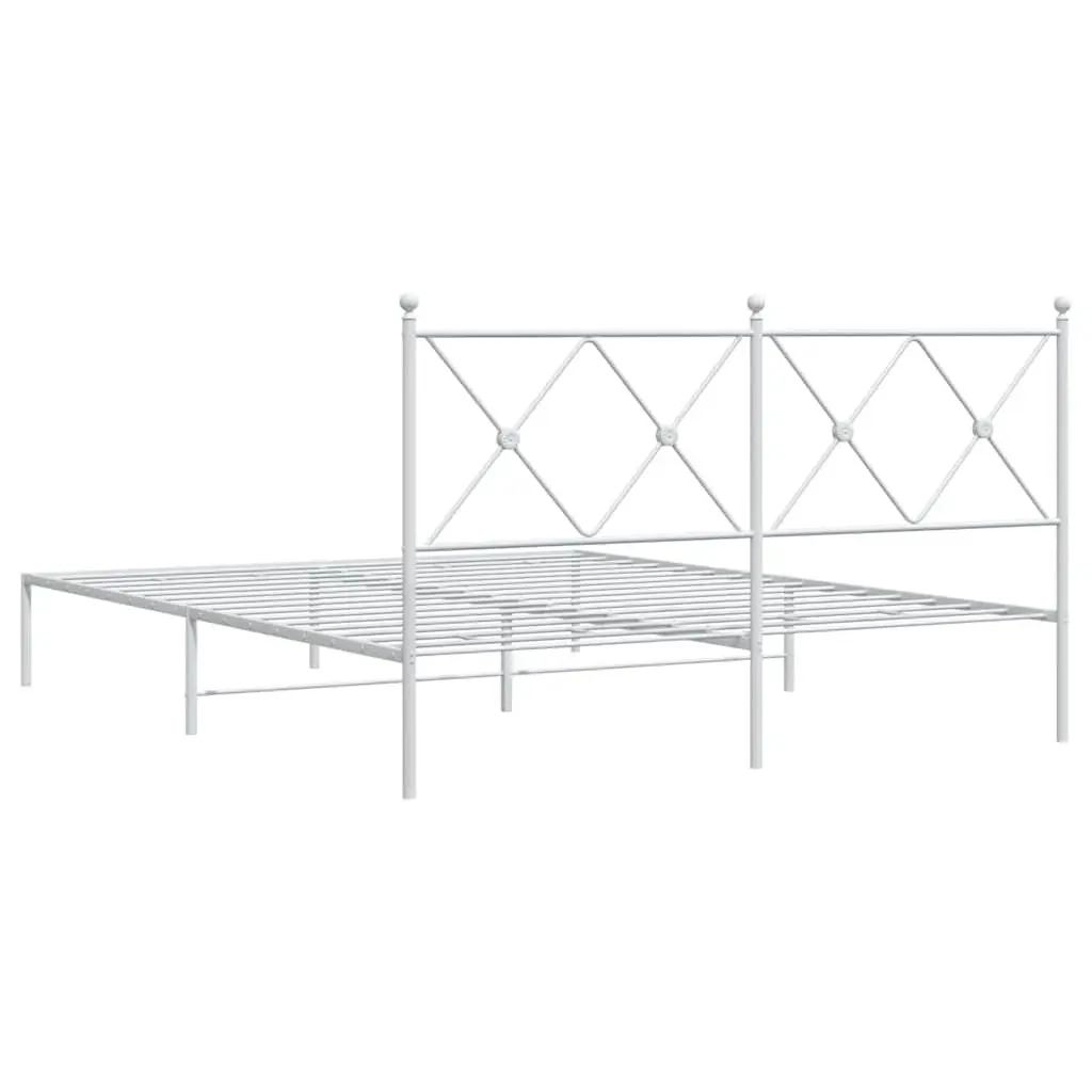 White Metal Bed Frame 150x200 cm with Headboard and Slatted Base for Bedroom Furniture